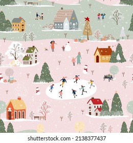 Seamless pattern Winter wonderland landscape in village,Vector Happy kid playing ice skates in the park, Endless Winter city nightlife on holiday for Christmas and new year 2023 background