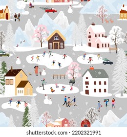 Seamless pattern Winter wonderland landscape in village,Vector Happy kid playing ice skates in the park, Endless Winter city nightlife on holiday for Christmas and new year 2023 background