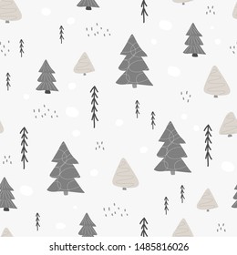 Seamless pattern with winter wood, trees, and ink drawn elements. Creative christmas background. Vector Illustration. Forest snow postcard graphic design element. Kids drawing Children hand made naive