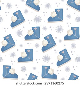 Seamless pattern with winter,fur boots,ugs and snowflakes.Background for festive Christmas decor.Vector graphics.