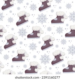 Seamless pattern with winter,fur boots,ugs and snowflakes.Background for festive Christmas decor.Vector graphics.