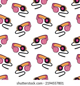 Seamless pattern with wired headphones doodle outline vector