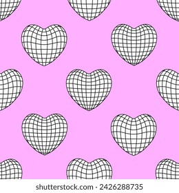 Patrón sin fisuras con formas de corazón de alambre. Fondo de contorno vectorial con bolas de discoteca. Cyberpunk concepto de brutalismo retro futurista