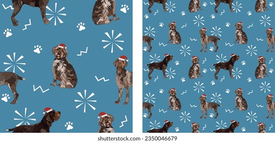 Seamless pattern with Wirehaired Pointing Griffon dogs in hats, holiday texture. Square format, poster, packaging, textile, socks, textile, fabric, decoration, wrapping paper. Trendy hand-drawn design