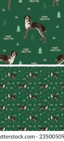 Seamless pattern with Wirehaired Pointing Griffon breed, holiday texture. Square format packaging with Christmas trees, snowflakes, greeting text, decoration, wrapping paper. Trendy hand-drawn dogs.