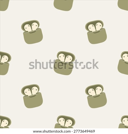 Seamless pattern with wireless earbuds case in flat minimal style, perfect for tech accessories background, fabric print