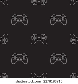 Seamless pattern with wireless gamepad. Joystick for playing video games. Texture template, decoration. Wallpaper for printing with modern controller. Accessory for gamers on black background. vector