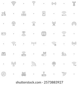 Seamless pattern with Wireless Technology icon on white background. Included the icons as Signal, basic, infographic, wifi, internet, connection, wifi free, network, smartphone And Other Elements.