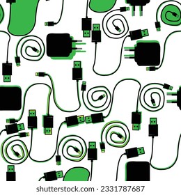 seamless pattern with wires,charger and usb; colorful seamless pattern