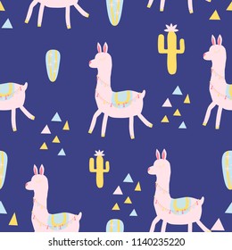 Seamless pattern wirh cute lama and cacti. Vector illustration. Creative childish background.