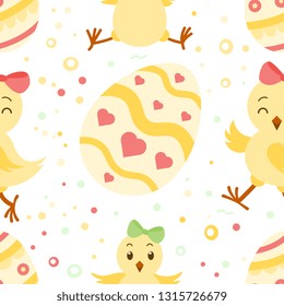 Seamless pattern wirh ornate Easter eggs and cute chikens in pastel color. Background, wrapper, textile, fabric, scrapbook. Vector file  not cropped - clipping mask used for easy editing.