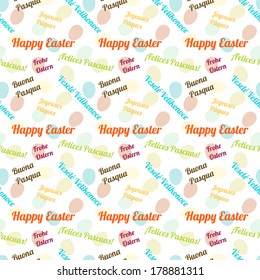 Seamless pattern wishing Happy Easter in 6 languages: English; Czech - Vesele velikonoce, Spanish - Felices Pascuas, German - Frohe Ostern, French - Joyeuses Paques, Italian - Buona Pasqua