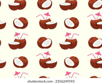Seamless pattern wit coconut concept. Repeating design element for printing on fabric. Natural and organic products. Summer dessert and drink with straw. Cartoon flat vector illustration