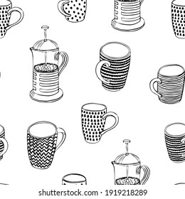 Seamless Pattern wit cups and teapot. Black and wight.  Vector illustration. Textile, print, paper design. English tradition, five o'clock, food, drinks, dish, mug. 