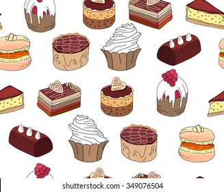 Seamless pattern wit different kinds of dessert. Endless texture for your design, announcements, postcards, posters, restaurant menu.