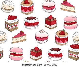Seamless pattern wit different kinds of dessert. Endless texture for your design, announcements, postcards, posters, restaurant menu.