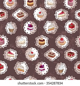 Seamless pattern wit different kinds of dessert. Vintage style.  Endless texture for your design, announcements, postcards, posters, restaurant menu.