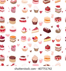 Seamless pattern wit different kinds of dessert. Endless texture for your design, announcements, postcards, posters, restaurant menu.