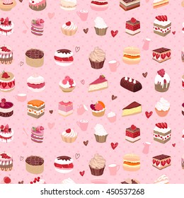 Seamless pattern wit different kinds of dessert. Endless texture for your design, announcements, postcards, posters, restaurant menu.