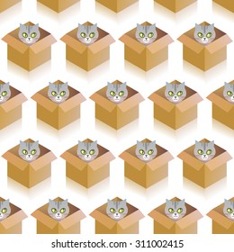 Seamless pattern wit funny cat in the box.
