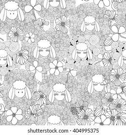 Seamless pattern wit ornamental sheeps. Coloring book page for adult and children.   Swirls, ringlets. Hand-drawn, doodle, vector, zentangle design element.  Herd of lambs Farm animals Black and white