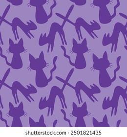 Seamless pattern with witch cats. Happy Halloween. Cute pets in flat style. Abstract purple texture background.