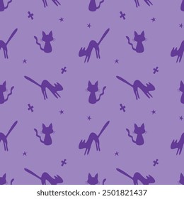 Seamless pattern with witch cats. Happy Halloween. Cute pets in flat style. Abstract purple texture background.