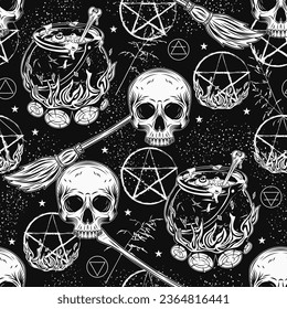 Seamless pattern with witch cauldron with bubbling potion, half skull, brooms, burning pentagram sign, wiccan signs, blades of grass, stars. Freaky, creepy illustration for Halloween holiday