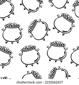 Seamless pattern with witch cauldron. Hand drawn vector illustration.