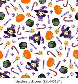 Seamless pattern with witch, cauldron, pumpkin, lollipops and candies. Halloween background. In cartoon style, on a white background 