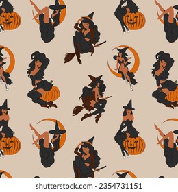Patrón sin foco con Bruja. Señoras. Pinza, estilo retro. Concepto de disfraces de Halloween. Dibujo manual de la moderna ilustración vectorial.	