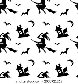 Seamless pattern with witch flying on broomstick, bat, moon isolated on white background. Vector flat illustration. Design for Halloween backdrop, textile, wrapping, wallpaper