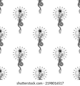 Nahtloses Muster mit Hexe, Mädchen. Mystisches Muster. Halbleiter, Sonne, Sterne, Mond, Mondphasen. Vektorgrafik.
