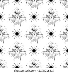 Seamless pattern with witch, girl. Mystical pattern. halloween, sun, stars, moon, moon phases. Vector.