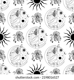 Seamless pattern with witch, girl. Mystical pattern. halloween, sun, stars, moon, moon phases. Vector.