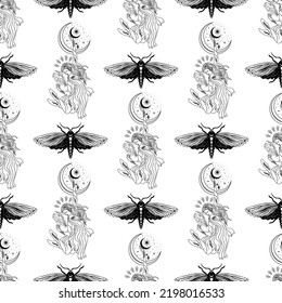 Seamless pattern with witch, girl. Mystical pattern. halloween, sun, stars, moon, moon phases. Vector.