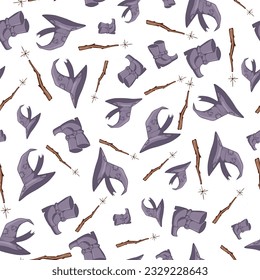 A seamless pattern of witch hat, boots and a half-legged stick on a light background.