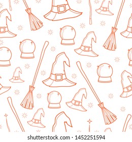 seamless pattern with witch hat, 
broom and magic ball  . halloween seamless pattern. vector illustration