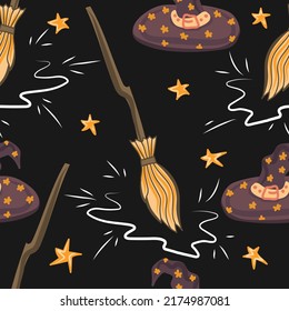 Seamless pattern of witch hat and broom. Halloween symbol. Can be used for wallpaper, wrapping paper, posters, banners, flyers and invitations. Vector illustration.