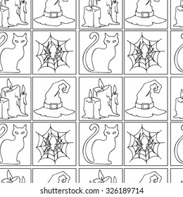 Seamless pattern with a witch hat, a cat, a spider and candles. Black contours on a white background.