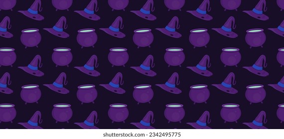 Seamless pattern with witch hat and cauldron on purple background. Halloween vector texture. Happy Halloween. Vector illustration