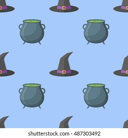Seamless pattern with witch hat and cauldron on blue background. Halloween vector texture.