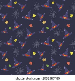 Seamless pattern with witch hat and cobweb isolated on dark background. Halloween. For printing wrapping paper, packaging, fabric. Hand Drawn vector illustration.