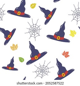 Seamless pattern with witch hat and cobweb isolated on white background. Halloween. For printing wrapping paper, packaging, fabric. Hand Drawn vector illustration.
