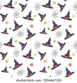 Seamless pattern with witch hat and cobweb isolated on white background. Halloween. For printing wrapping paper, packaging, fabric. Hand Drawn vector illustration.