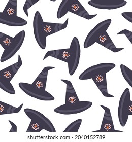 Seamless pattern with witch hat. Hand drawn vector illustration. Halloween concept for textile, wrapping