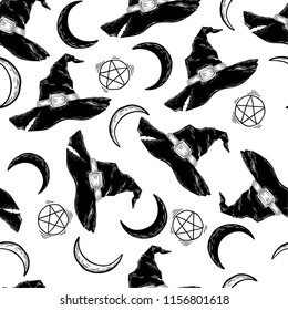 Seamless pattern. Witch hat and moon on a white background