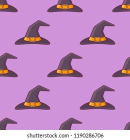Seamless pattern with witch hat on purple background. Vector texture.