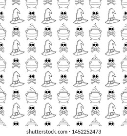 seamless pattern with witch hat and skull. halloween seamless pattern. vector illustration