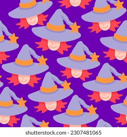 seamless pattern with a witch in a hat in vector.design element for halloween.characters in flat style.minimalistic pattern for wallpaper background. A series of halloween patterns. 